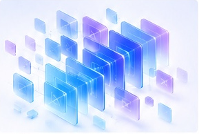 Layered translucent panels representing a complex technology landscape